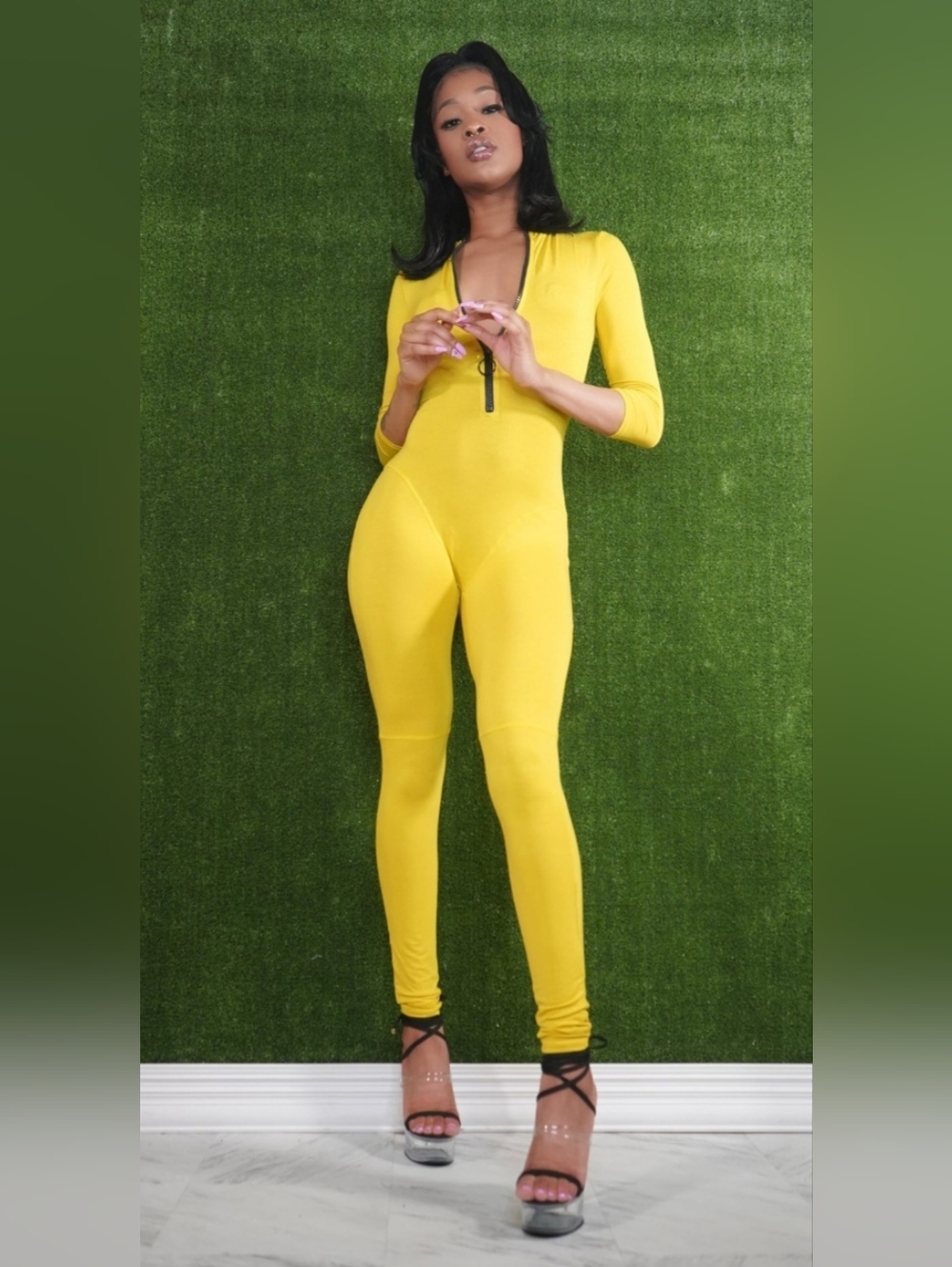 Sleek Yellow Zip-Front Long-Sleeve Jumpsuit